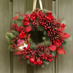 Florist at work: Creating a wooden wreath with christmas red ba