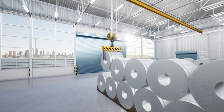 3d rendering of roll steel, stainless or galvanized steel coil inside factory or warehouse. Include overhead crane, hoist hook. To lift industrial product in manufacturing or production process.
