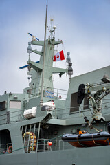 St. John's Newfoundland Canada, September 27 2022: Canadian Navy vessel in harbour with lifeboat and mast.