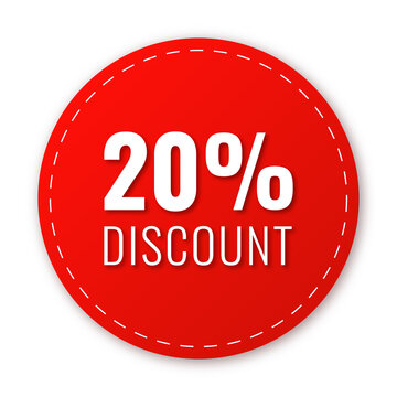 Sale, price tag or label 20 % isolated on transparent background. Shopping sticker and badge for merchandise and promotion. Red sticker for web banners with realistic shadow.