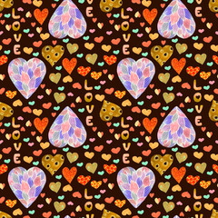 Seamless watercolor pattern. Texture background: Valentine's Day, hearts, handwritten font, cute lettering on a brown background.