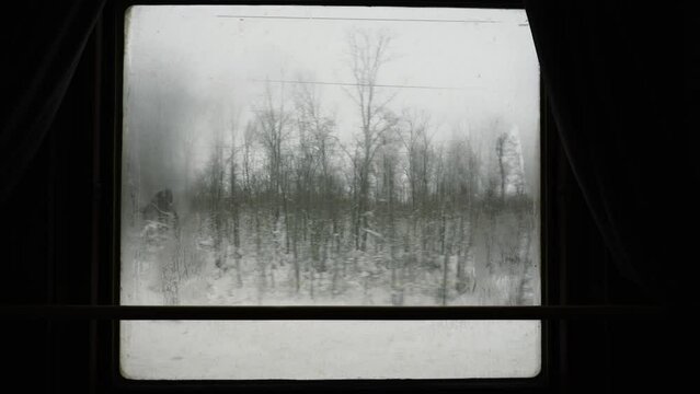 Pov train window view. Moving along snowy frozen woods, winter cold countryside landscape, snow and ice.