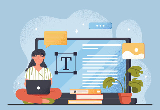 Concept Of Copywriting. Girl With Laptop Sits And Prints Article Creative Person. Earnings On Internet And Freelancer In Workplace. Interesting Content For Website. Cartoon Flat Vector Illustration