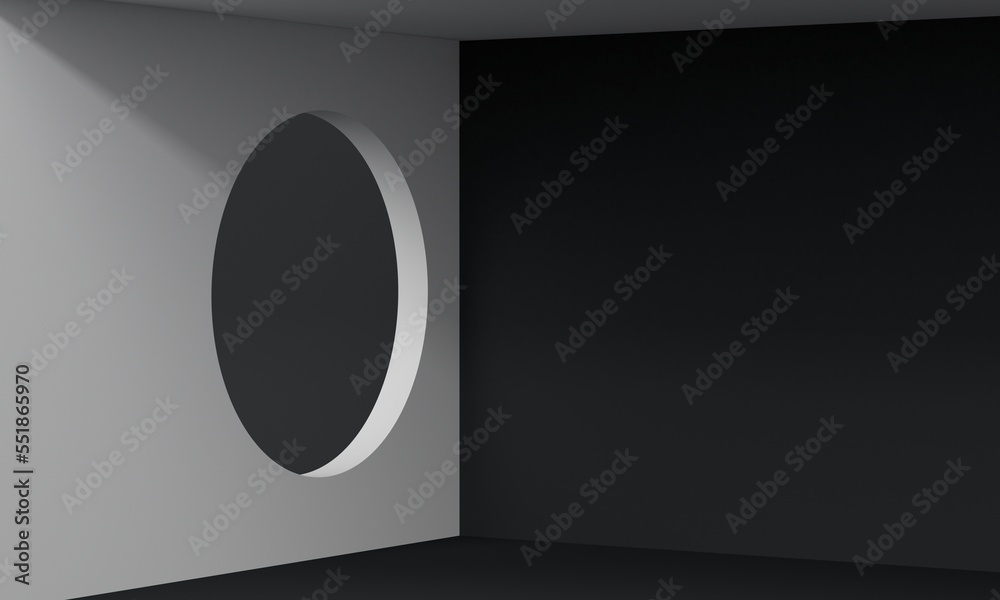 Wall mural black room with round white window. 3d rendering