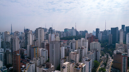 Many buildings in the Jardins neighborhood in Sao Paulo, Brazil. Residential and commercial buildings. Aerial view