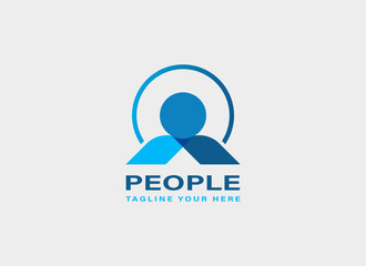 Abstract People Logo. Blue Geometric Shape Human Symbol with Three angel isolated one Grey background. Usable for Industry, Branding and Business Logos. Flat Vector Logo Design Template Element