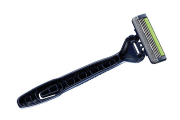 Razor with three blades isolated on white background. Nobody. High angle studio shot.