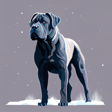 Big black Cane Corso dog stands outdoors in the winter, Generative AI