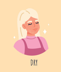 Dry skin type. Lack of liquid and nutrients for body. Graphic element for website infographics for personal care and selection of cosmetic preparations for skin. Cartoon flat vector illustration