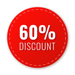 Sale, price tag or label 60 % isolated on transparent background. Shopping sticker and badge for merchandise and promotion. Red sticker for web banners with realistic shadow.