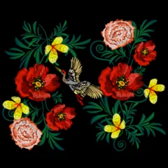 Behang Poppy embroidery, butterfly, T-shirt ornament, vector illustration © MaTildaVector