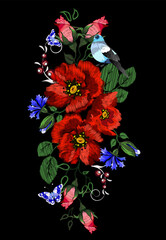 Poppy embroidery, birds, T-shirt ornament, vector illustration
