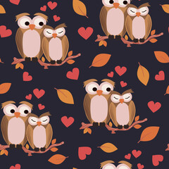 Cute owl couple in love funny valentine’s day seamless vector pattern background illustration