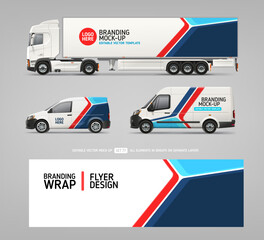 Realistic  Van, Truck trailer mockup set with wrap decal for livery branding design. Abstract graphics of geometric blues decal design for transport. Business flyer template