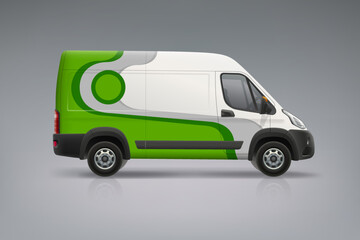 Company Van mockup with branding design. Wrap, sticker and decal design for company. Abstract green stripes graphics on corporate vehicle. Branding on business transport. Editable vector