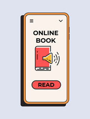 Online audio book app. Digital reading, library in your phone. Vector smartphone with reader app. Online education, e-learning and digital library. Vector illustraion concept