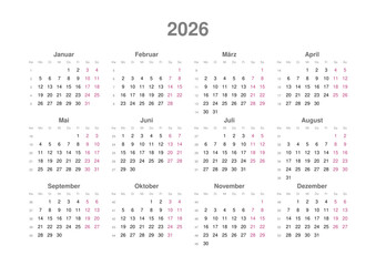 Kalender 2026 mit Wochenzählung, deutsch, Querformat
