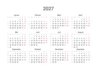 Kalender 2027 mit Wochenzählung, deutsch, Querformat