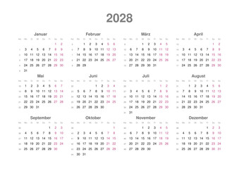 Kalender 2028 mit Wochenzählung, deutsch, Querformat