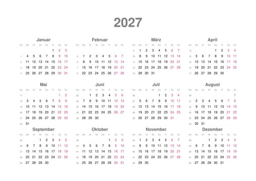 Kalender 2027 mit Wochenz&auml;hlung, deutsch, Querformat
