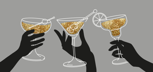 Outline drawing, cheers. Women’s hands holding glasses of margaritas and martini. Flat illustration for greeting cards, postcards, invitations, menu design. Line art template