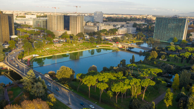 Aerial view of the modern EUR district in Rome, built for the Universal Exposition that should have been held in the Capital in 1942. In the foreground the small lake and the neighborhood par. 