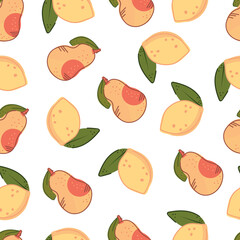 Seamless fruit pattern with pears and lemons.