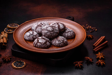 Beautiful tasty sweet cookie brownies on a brown plate