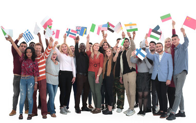 group of diverse people with international flags .