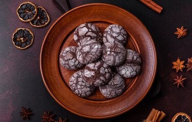 Beautiful tasty sweet cookie brownies on a brown plate