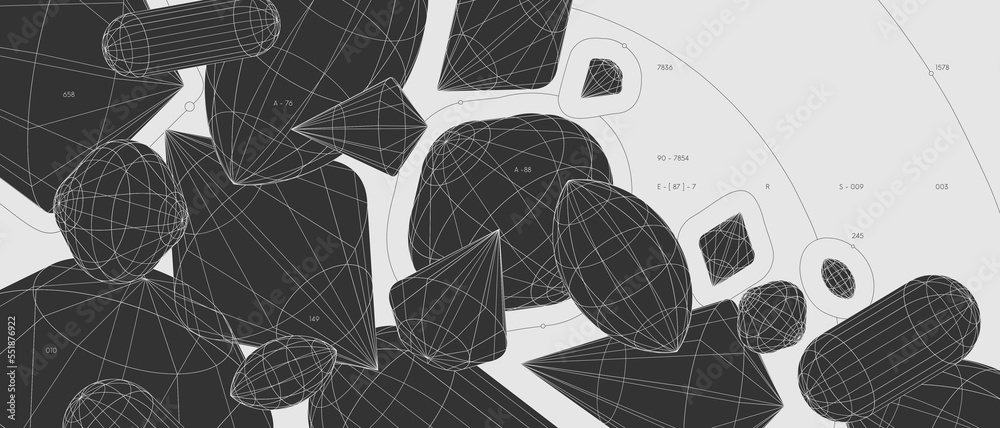 Aufkleber Strange abstract modern wireframes 3d geometric shapes, graphic composition design vector background, monochrome composition of figures of different sizes, rhombus frames and cylinders