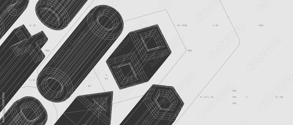 Poster Strange abstract modern wireframes 3d geometric shapes, graphic composition design vector background, various volumetric figures in isometry, anti-design inspired by brutalism, banner 21-9 format