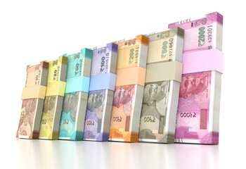 Indian Rupee Currency Note Bundles isolated on White Background - 3D Illustration Render