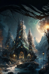 Obraz premium Wonderful fantasy old castle with lights, night winter landscape with the moon, AI generated image