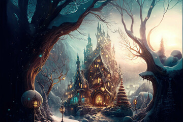 Fototapeta na wymiar Majestic fantasy castle with lights and lanterns, magnificent snowy winter landscape, AI generated image