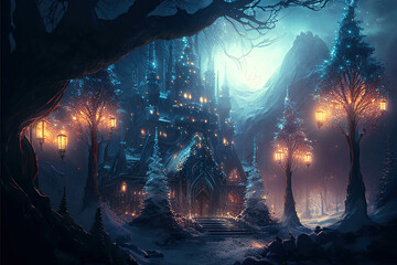 Wonderful fantasy gothic castle and trees decorated with lanterns, majestic winter landscape, AI generated image