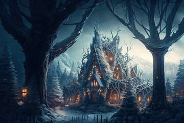 Fototapeta na wymiar Wonderful fantasy white castle in the majestic white winter forest, AI generated image
