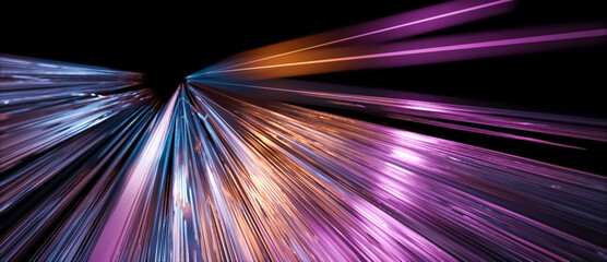 Abstract 3D illustration of glowing purple bright neon light streaks in motion. Visualization of data transfer, rapid movement or cyberspace on black background