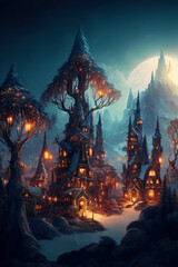 Obraz premium Wonderful magical fantasy mountain village decorated for Christmas, night winter landscape, AI generated image