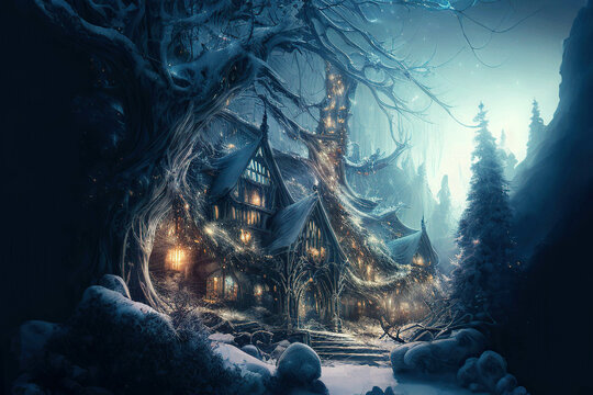 Fantasy castle with lights in the majestic ancient winter forest, AI generated image