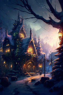 Fantasy house with lanterns, wonderful twilight winter landscape, AI generated image