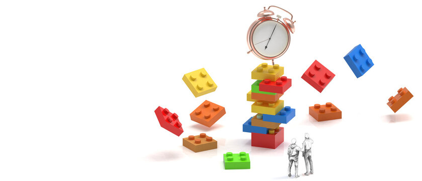 Business concepts and Clock Creative idea. Spending time on business development with different achievements concept - Brick block toy and games puzzle isolate on White Background. 3d Rendering