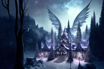 Fototapeta na wymiar Majestic fantasy castle with wings in the forest, beautiful twilight winter landscape, AI generated image