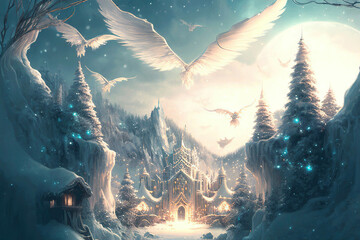 Wonderful fantasy gothic castle in the forest, white birds in the sky, majestic winter landscape, AI generated image