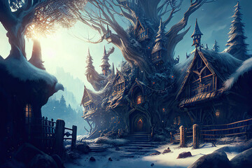 Fototapeta premium Fantasy wooden houses, winter landscape, AI generated image