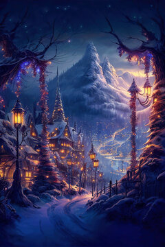 Wonderful fantasy mountain village decorated for Christmas, majestic blue twilight winter landscape, houses with lights and lanterns, AI generated image