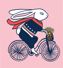 The year of the rabbit hurries to us on a bicycle with tangerines and a cartoon style Christmas tree.Vector graphics