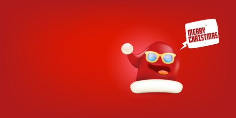 Vector cartoon monster Santa Claus red hat character with sunglasses and speech bubble isolated on red Christmas background. Merry Christmas greeting card, poster and banner with funny Santa Claus hat
