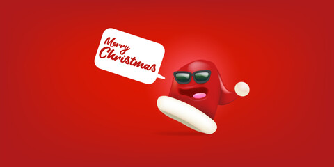 Vector cartoon monster Santa Claus red hat character with sunglasses and speech bubble isolated on red Christmas background. Merry Christmas greeting card, poster and banner with funny Santa Claus hat