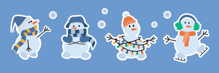 Set of stickers cute snowmen in a hat and scarf, with a garland and on skates